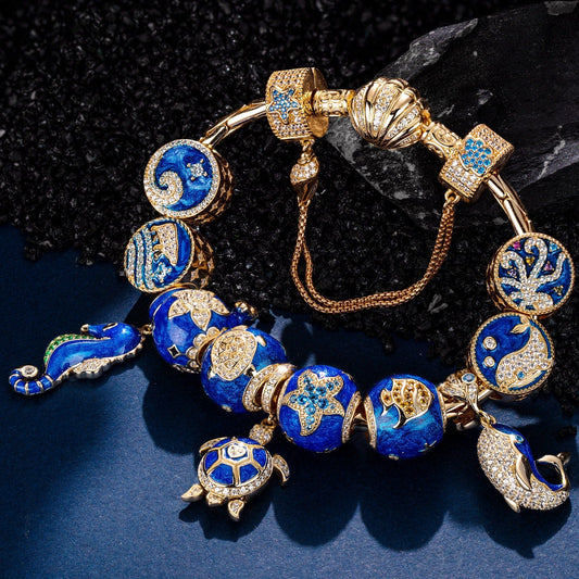 gona- Sterling Silver Oceanic Depths Beauty Charms Bracelet Set With Enamel In 14K Gold Plated (Includes bracelet and all charms shown)