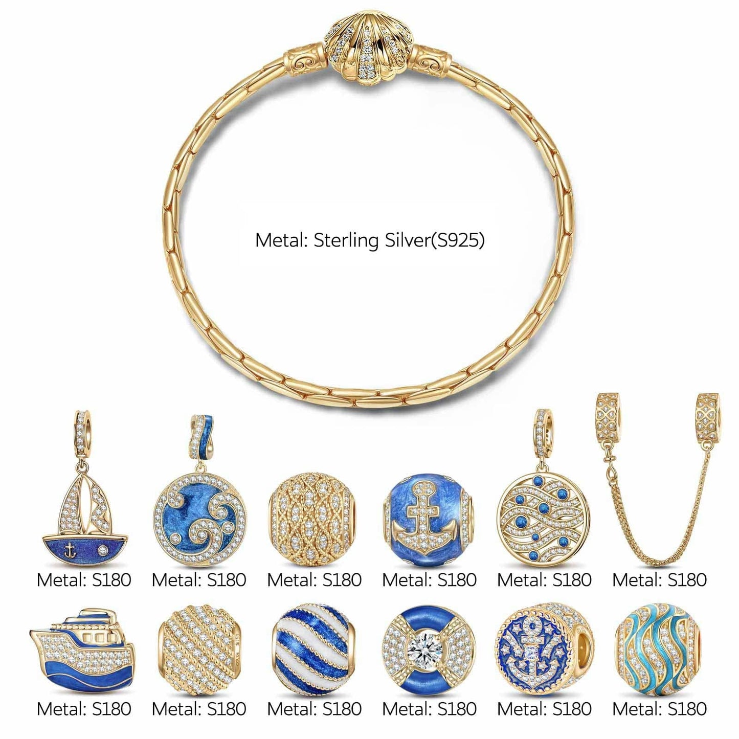 Sterling Silver Oceanic Journey Charms Bracelet Set With Enamel In 14K Gold Plated (Includes bracelet and all charms shown)