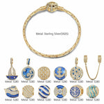 Sterling Silver Oceanic Journey Charms Bracelet Set With Enamel In 14K Gold Plated (Includes bracelet and all charms shown)