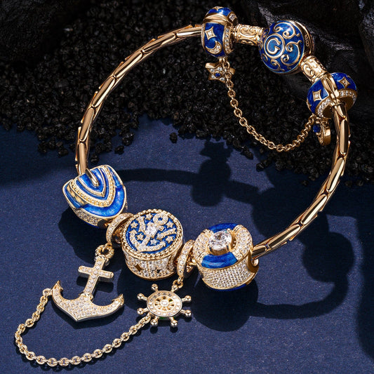 gona- Sterling Silver Seafaring Journey Charms Bracelet Set With Enamel In 14K Gold Plated (Includes bracelet and all charms shown)