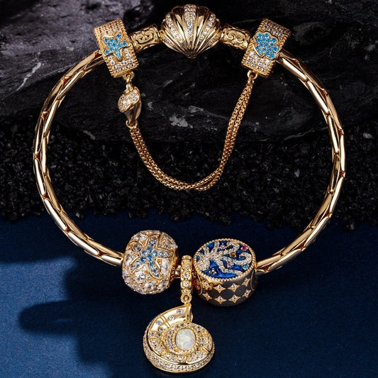 gona- Sterling Silver Shimmering Ocean Jewels Charms Bracelet Set With Enamel In 14K Gold Plated (Includes bracelet and all charms shown)