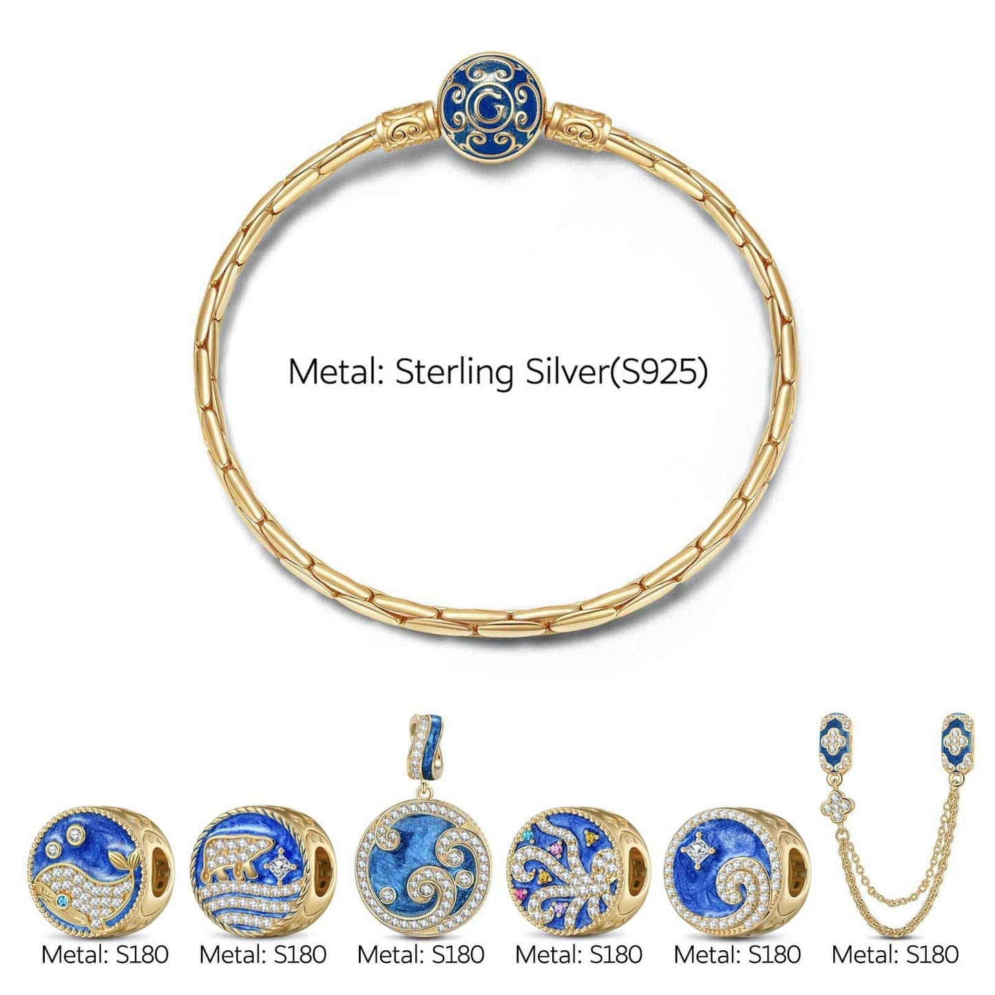 [💥As @katstyle42's Pick] Sterling Silver Ocean Conquerors Charms Bracelet Set With Enamel In 14K Gold Plated (Includes bracelet and all charms shown)