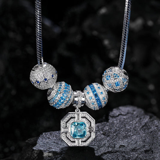 gona- Sterling Silver Luminous Marine Charms Necklace Set In White Gold Plated
