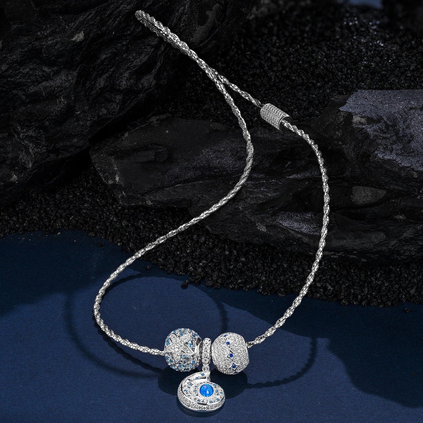 Sterling Silver Whispers in the Ocean Charms Necklace Set In White Gold Plated