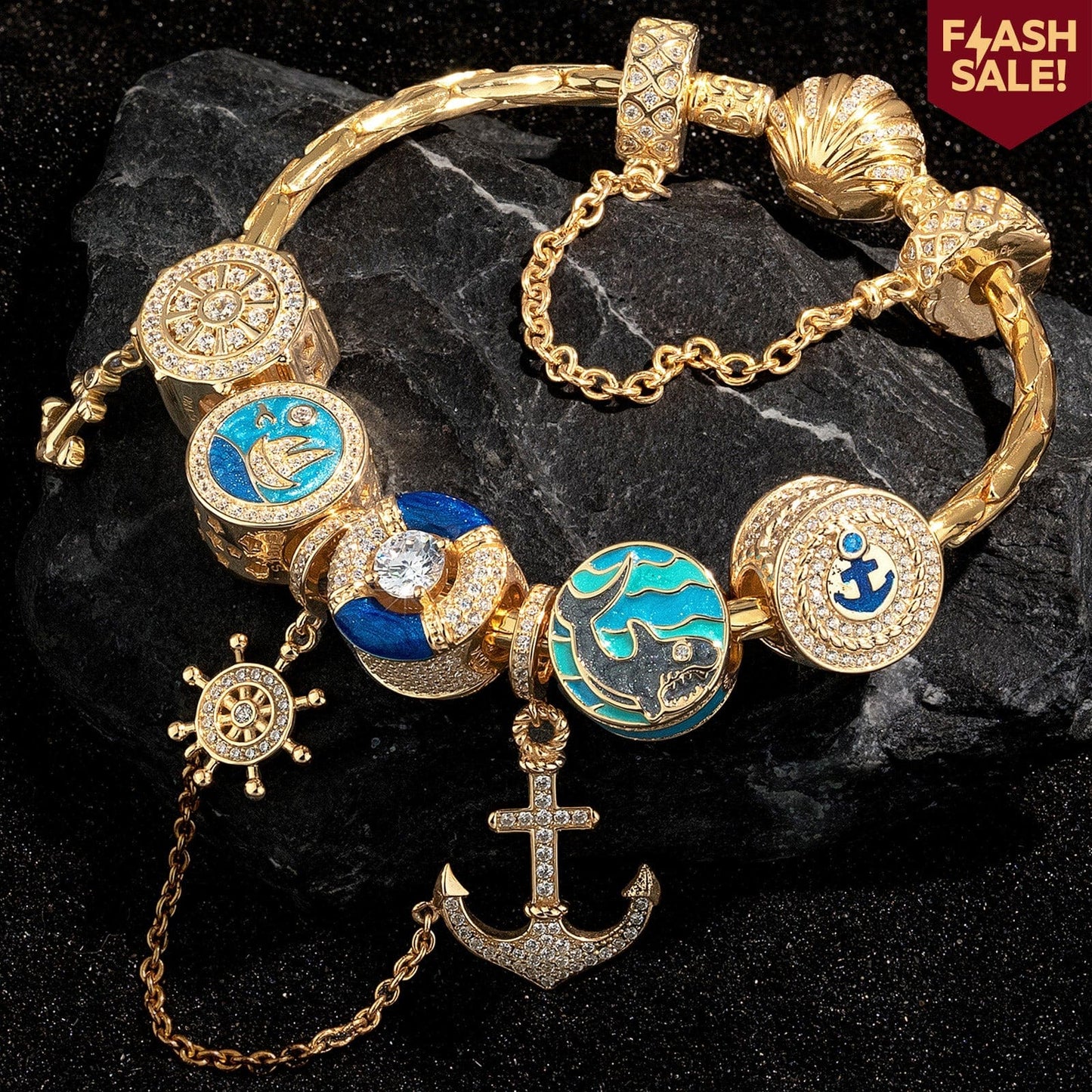 Sterling Silver Ocean Adventure Charms Bracelet Set With Enamel In 14K Gold Plated (Includes bracelet and all charms shown)
