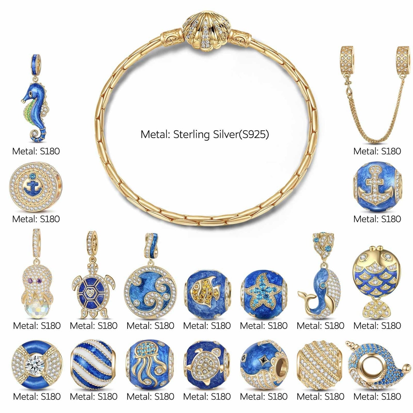Sterling Silver Exploring the Underwater World Charms Bracelet Set With Enamel In 14K Gold Plated (Includes bracelet and all charms shown)