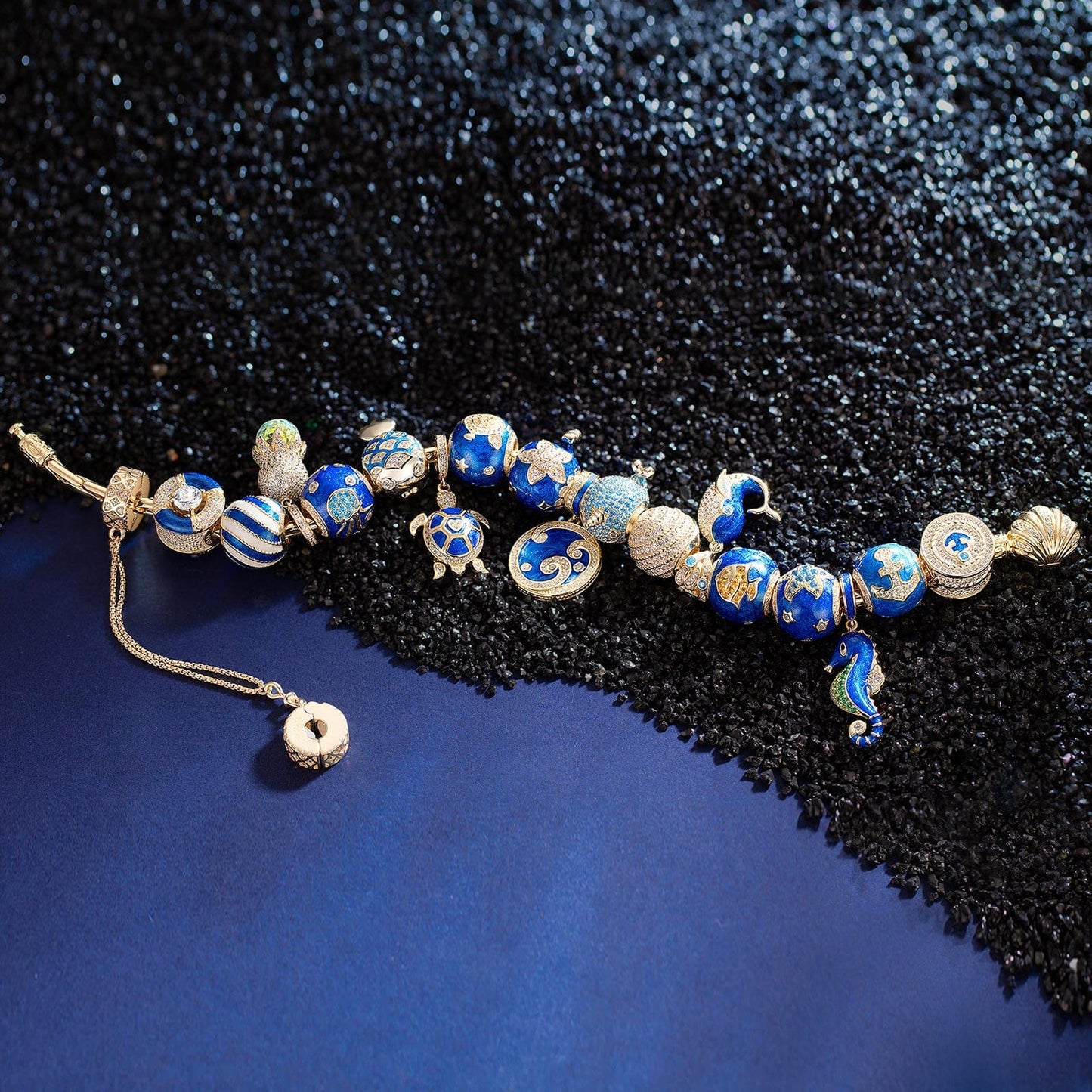 Sterling Silver Exploring the Underwater World Charms Bracelet Set With Enamel In 14K Gold Plated (Includes bracelet and all charms shown)