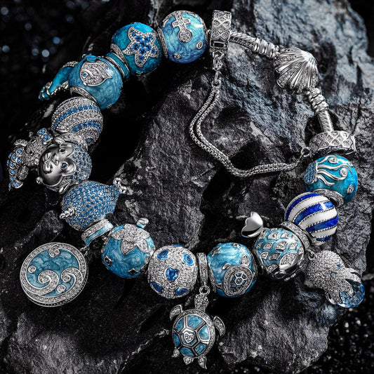gona- Sterling Silver Exploring the Underwater World Charms Bracelet Set With Enamel In White Gold Plated (Includes bracelet and all charms shown)