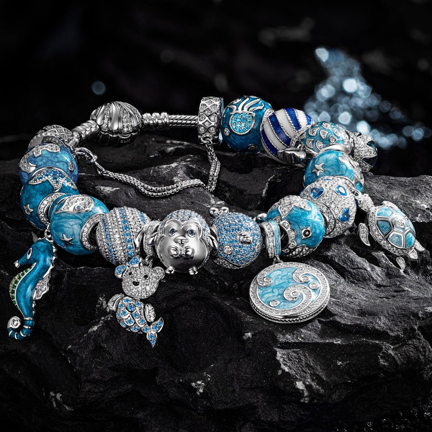 Sterling Silver Exploring the Underwater World Charms Bracelet Set With Enamel In White Gold Plated (Includes bracelet and all charms shown)