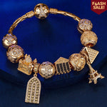 Sterling Silver Golden Paris Charms Bracelet Set In 14K Gold Plated (Includes bracelet and all charms shown)