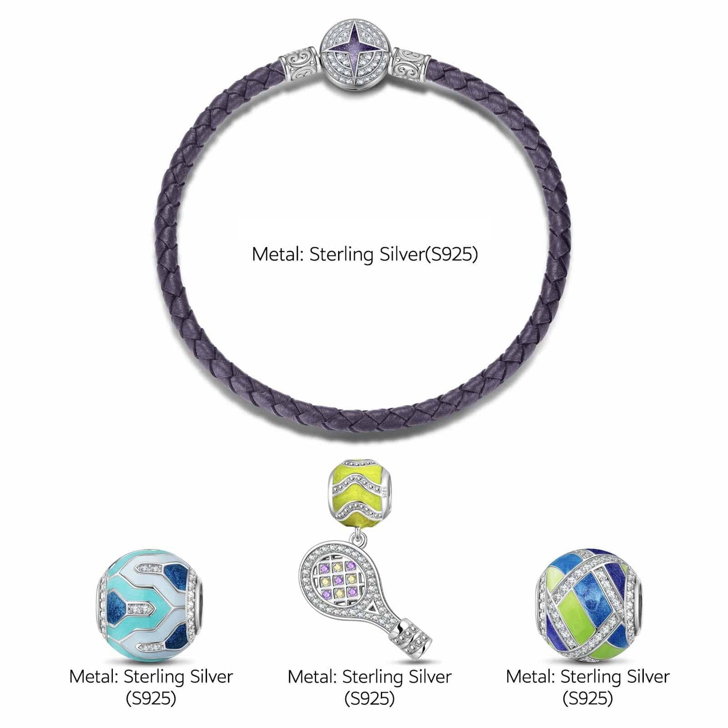 Sterling Silver Cute Tennis Charms Bracelet Set With Enamel In White Gold Plated (Includes bracelet and all charms shown)