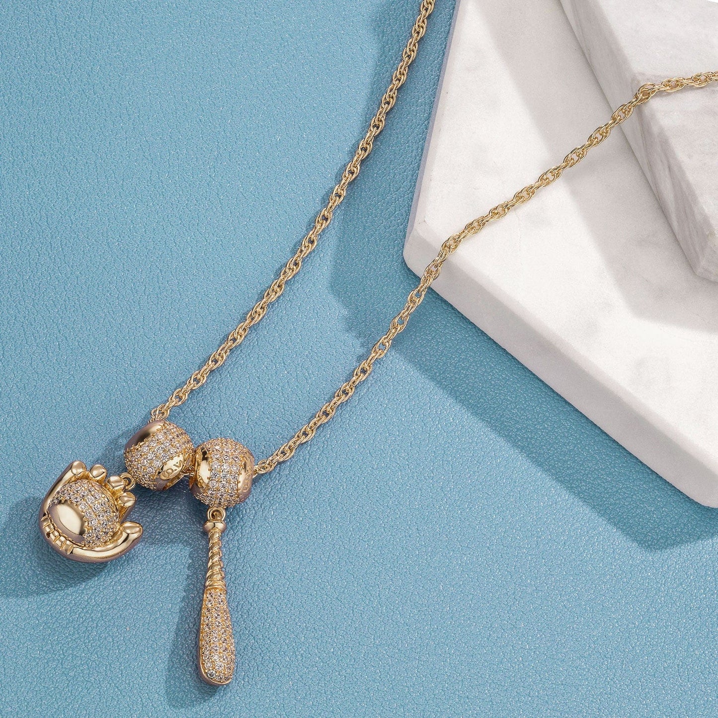 Sterling Silver Vitality of Baseball. Charms Necklace Set In 14K Gold Plated