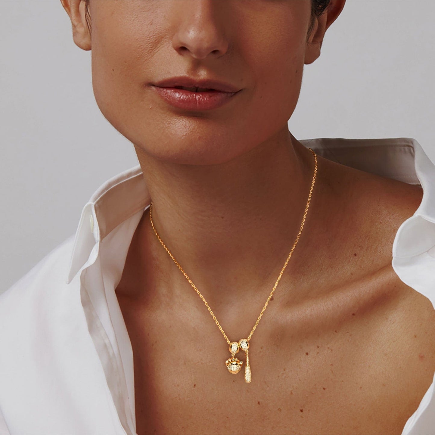 Sterling Silver Vitality of Baseball. Charms Necklace Set In 14K Gold Plated