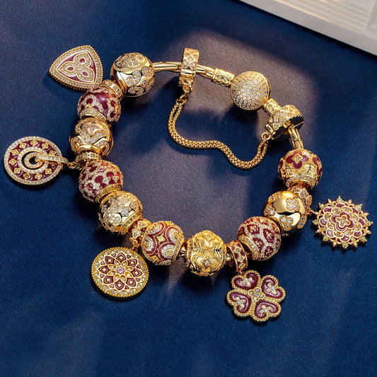 gona- Sterling Silver Crimson Floral Charms Bracelet Set With Enamel In 14K Gold Plated (Includes bracelet and all charms shown)