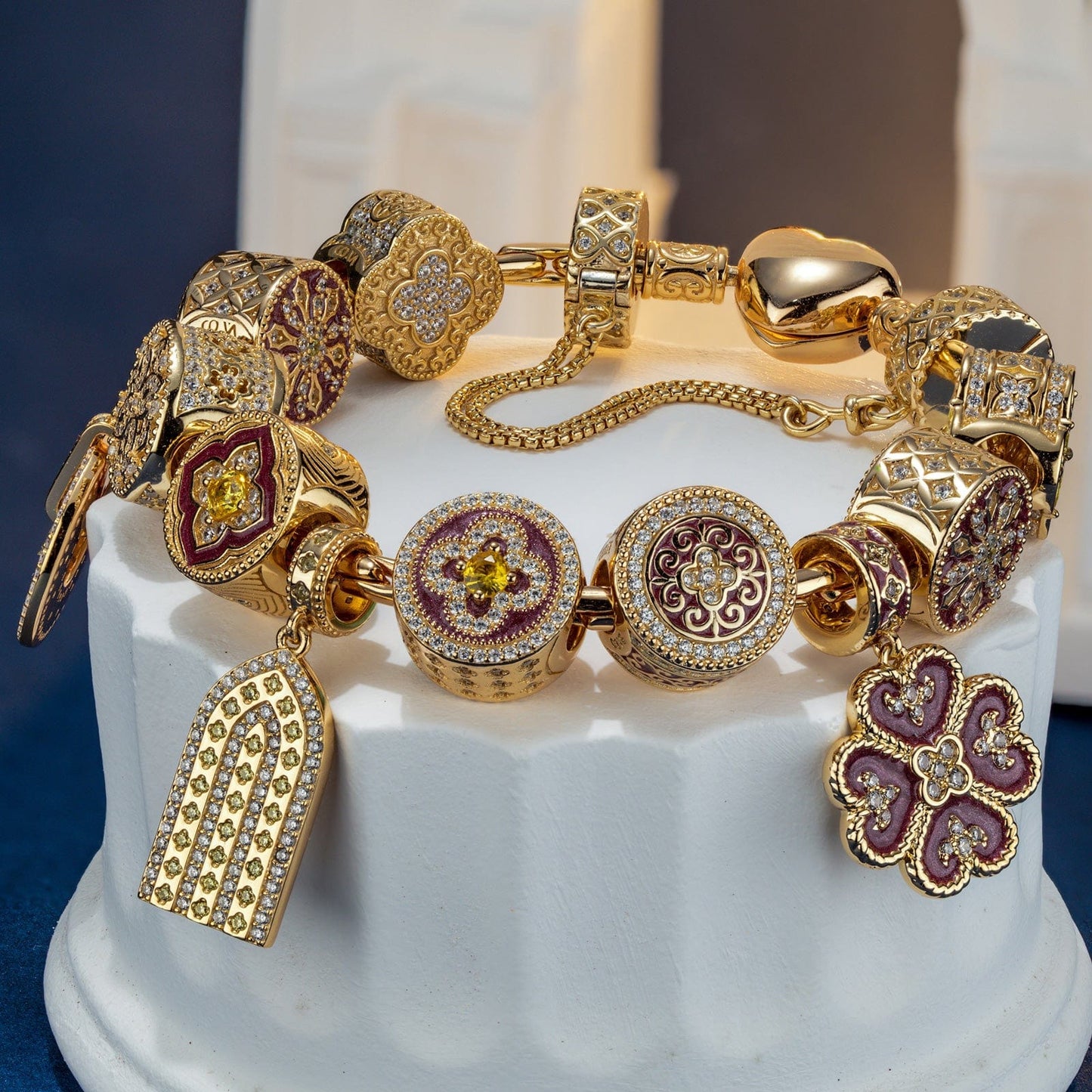 Sterling Silver Sacred Door Charms Bracelet Set With Enamel In 14K Gold Plated (Includes bracelet and all charms shown)