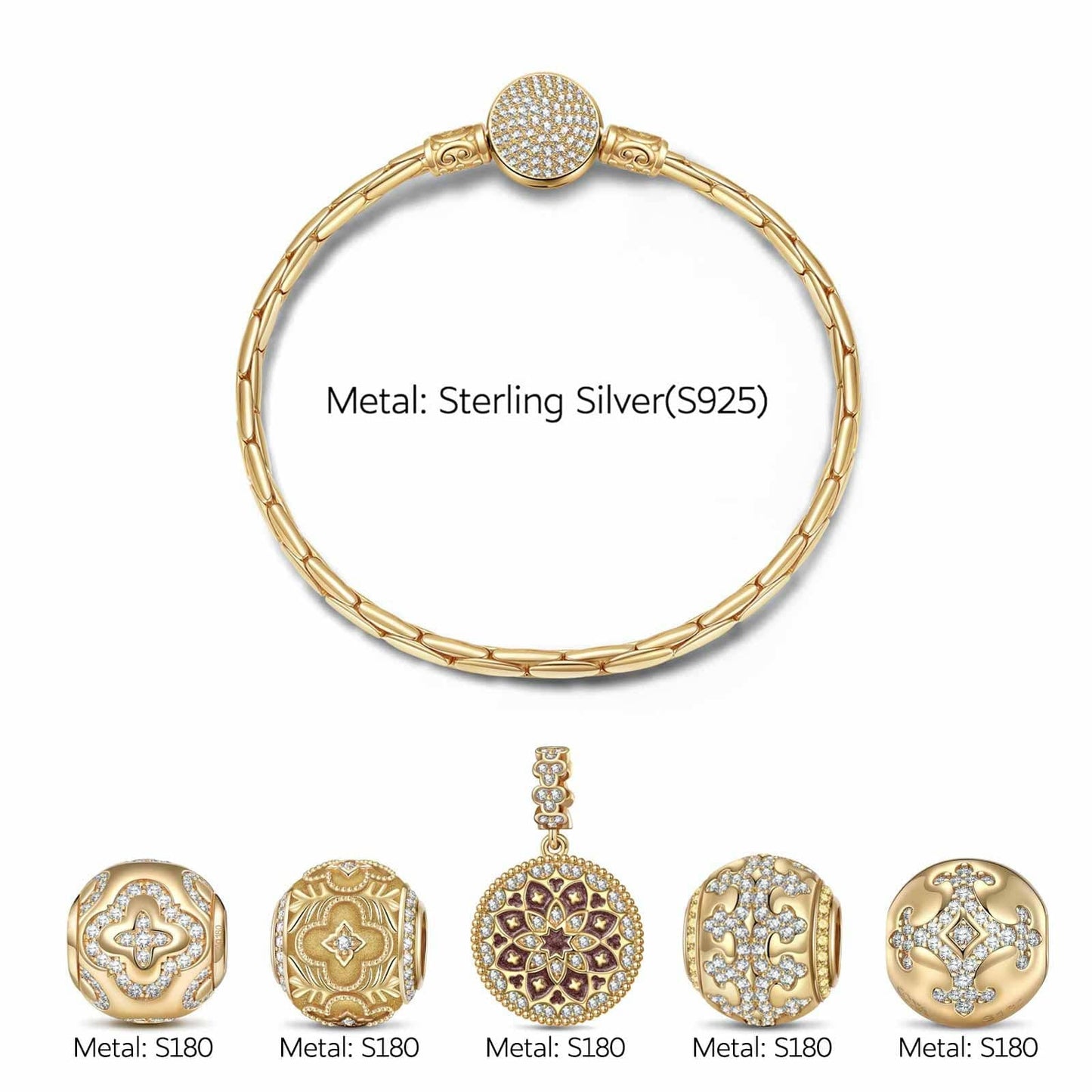 Sterling Silver Cascading Sunlight Charms Bracelet Set With Enamel In 14K Gold Plated (Includes bracelet and all charms shown)