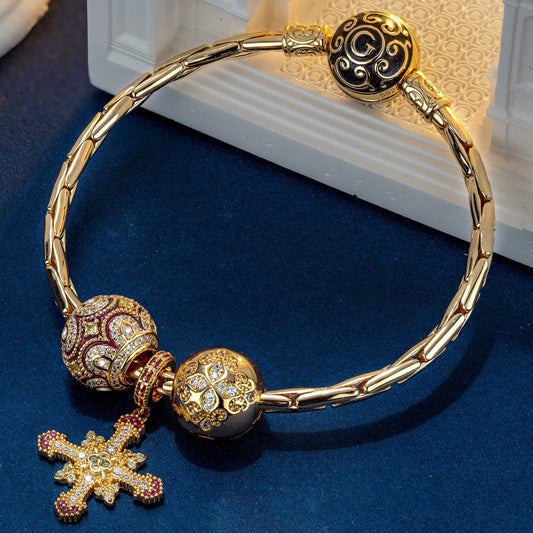 gona- Sterling Silver Golden Cross Charms Bracelet Set With Enamel In 14K Gold Plated (Includes bracelet and all charms shown)
