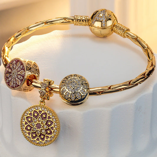 gona- Sterling Silver Delicate Snowflakes Charms Bracelet Set With Enamel In 14K Gold Plated (Includes bracelet and all charms shown)