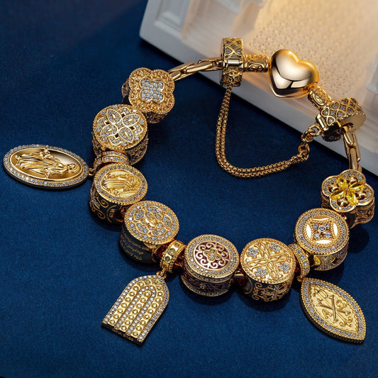 gona- Sterling Silver The Embodiment Of Great Love Charms Bracelet Set With Enamel In 14K Gold Plated (Includes bracelet and all charms shown)