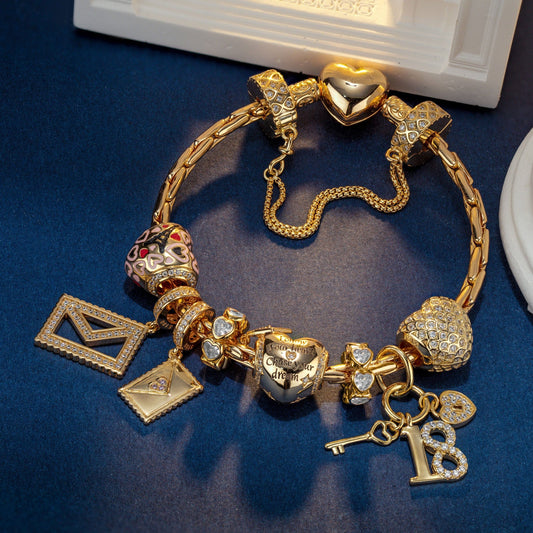 gona- Sterling Silver Chase Dreams Charms Bracelet Set With Enamel In 14K Gold Plated (Includes bracelet and all charms shown)