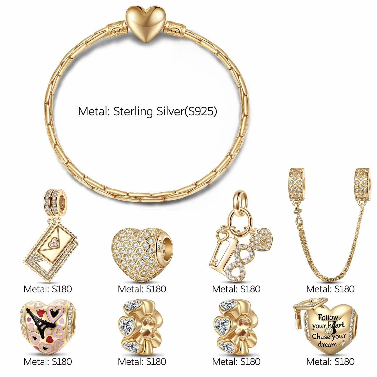 Sterling Silver Chase Dreams Charms Bracelet Set With Enamel In 14K Gold Plated (Includes bracelet and all charms shown)