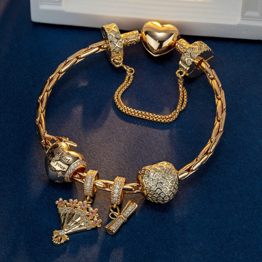 gona- Sterling Silver Grad Flowers Charms Bracelet Set In 14K Gold Plated (Includes bracelet and all charms shown)