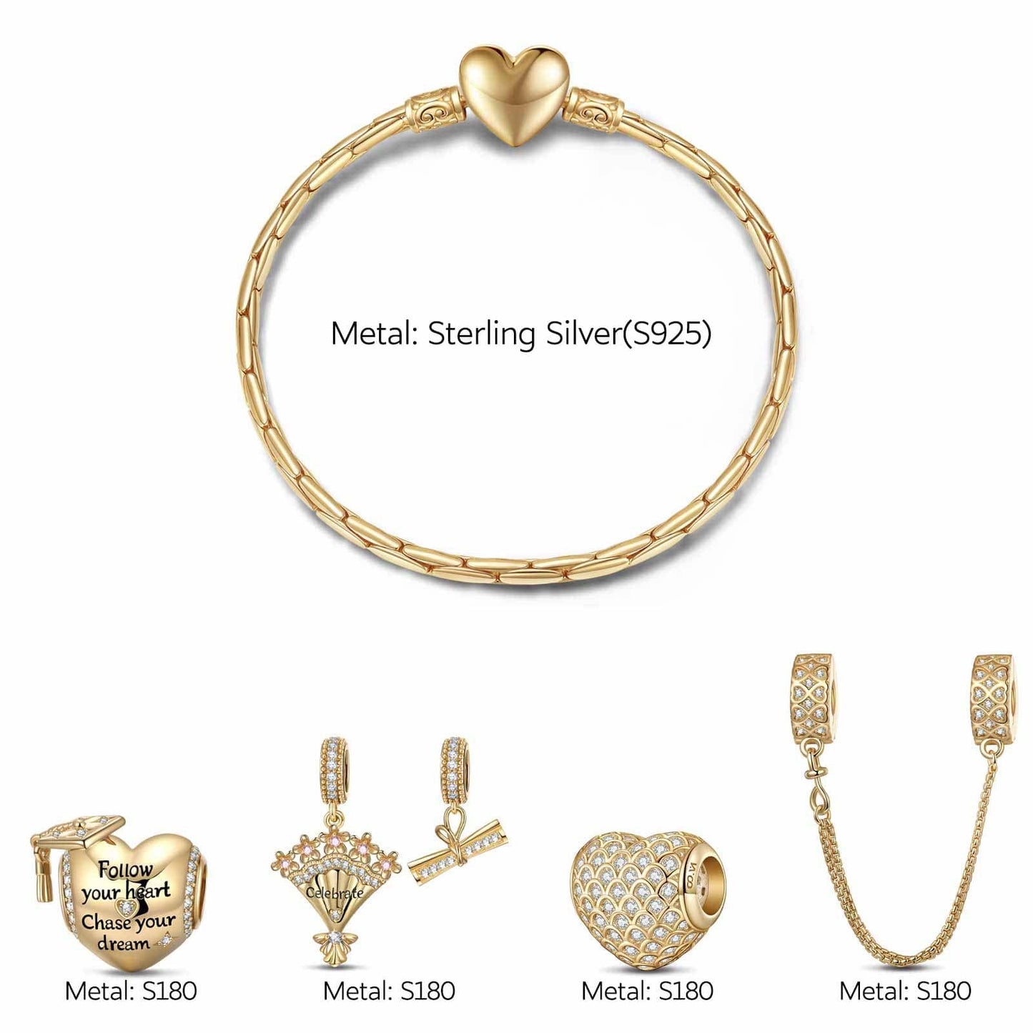 Sterling Silver Grad Flowers Charms Bracelet Set In 14K Gold Plated (Includes bracelet and all charms shown)