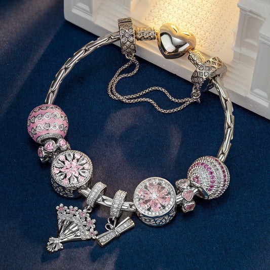 gona- Sterling Silver Achievement Blossoms Charms Bracelet Set With Enamel In White Gold Plated (Includes bracelet and all charms shown)