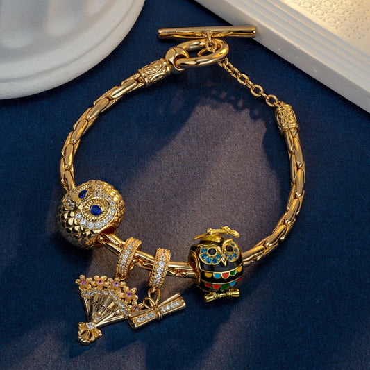 gona- Sterling Silver Owl of Wisdom Charms Bracelet Set With Enamel In 14K Gold Plated (Includes bracelet and all charms shown)