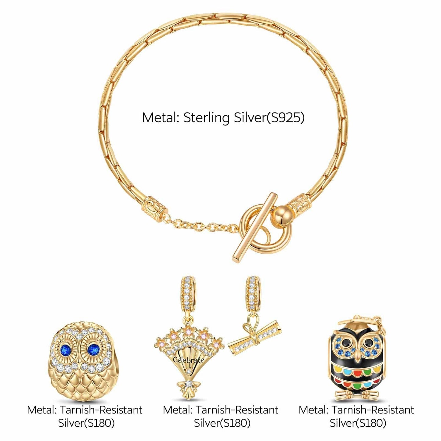 Sterling Silver Owl of Wisdom Charms Bracelet Set With Enamel In 14K Gold Plated (Includes bracelet and all charms shown)