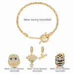 Sterling Silver Owl of Wisdom Charms Bracelet Set With Enamel In 14K Gold Plated (Includes bracelet and all charms shown)