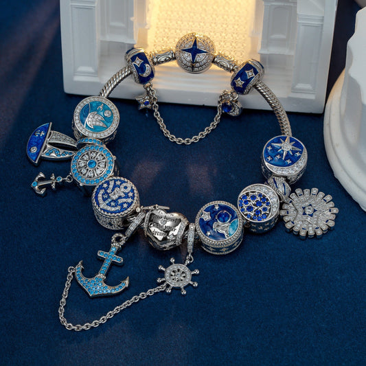 gona- Sterling Silver Dreams Set Sail Charms Bracelet Set With Enamel In White Gold Plated (Includes bracelet and all charms shown)