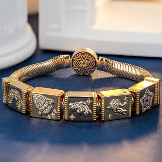 gona- Sterling Silver Cosmic Exploration Rectangular Charms Bracelet Set In 14K Gold Plated (Includes bracelet and all charms shown)