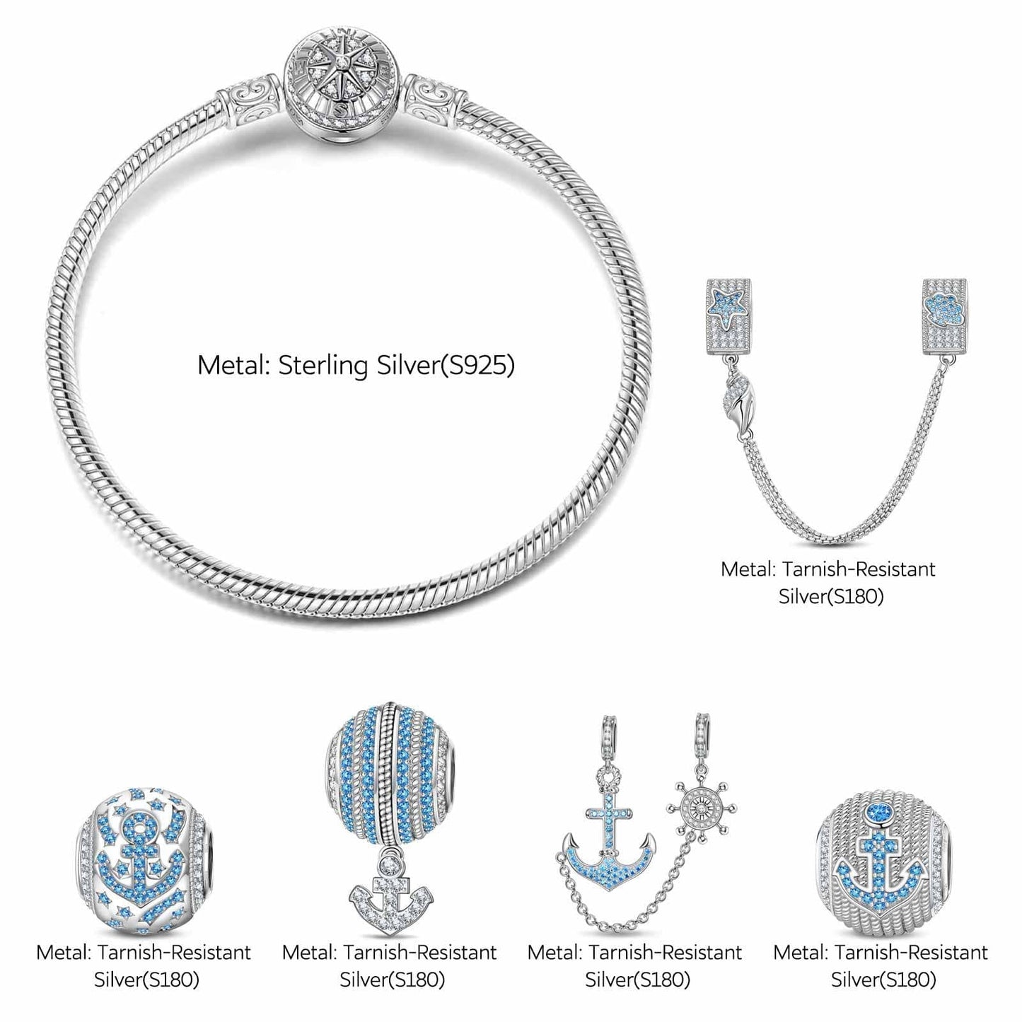 Sterling Silver Anchor of Hope Charms Bracelet Set In White Gold Plated (Includes bracelet and all charms shown)