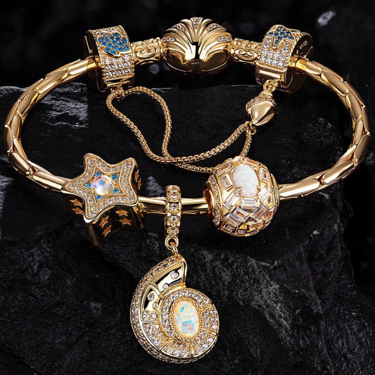 gona- Sterling Silver Starlit Treasures Moonstone Charms Bracelet Set In 14K Gold Plated (Includes bracelet and all charms shown)