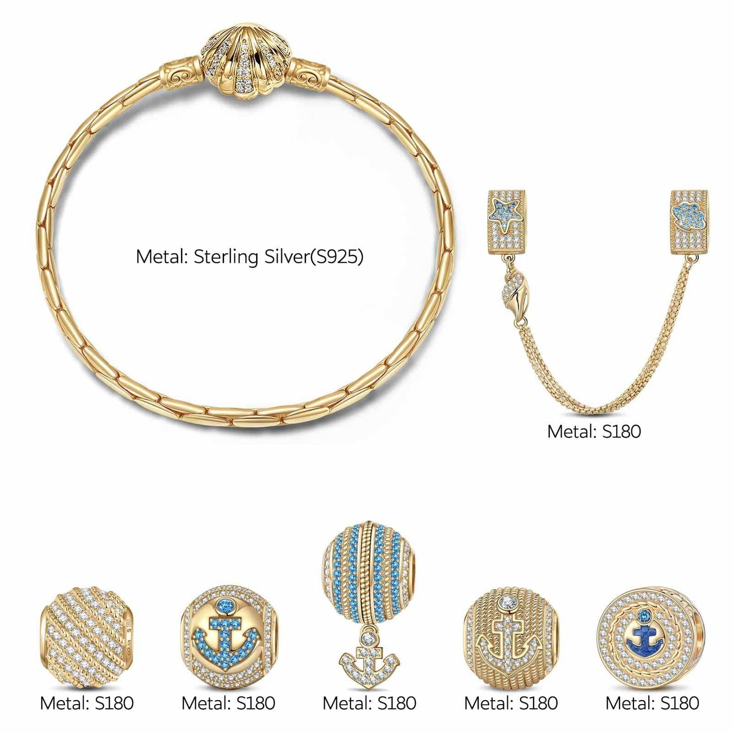 Sterling Silver Adventure's Anchor Charms Bracelet Set With Enamel In 14K Gold Plated (Includes bracelet and all charms shown)