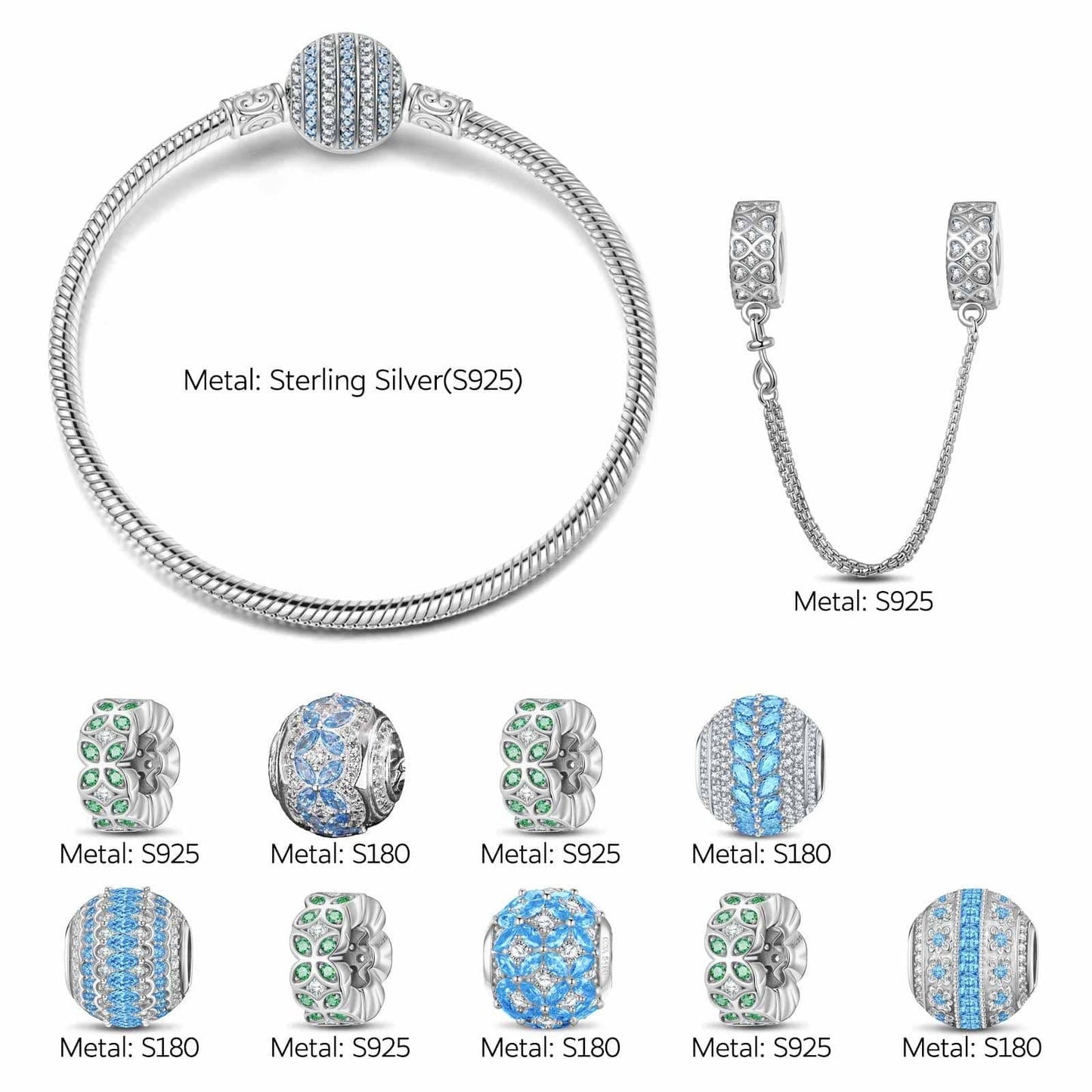 Sterling Silver Blue Horizon Harmony Charms Bracelet Set In White Gold Plated (Includes bracelet and all charms shown)