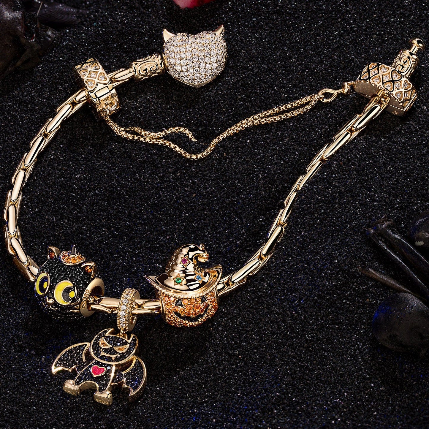 Sterling Silver Playful Monsters Charms Bracelet Set With Enamel In 14K Gold Plated (Includes bracelet and all charms shown)