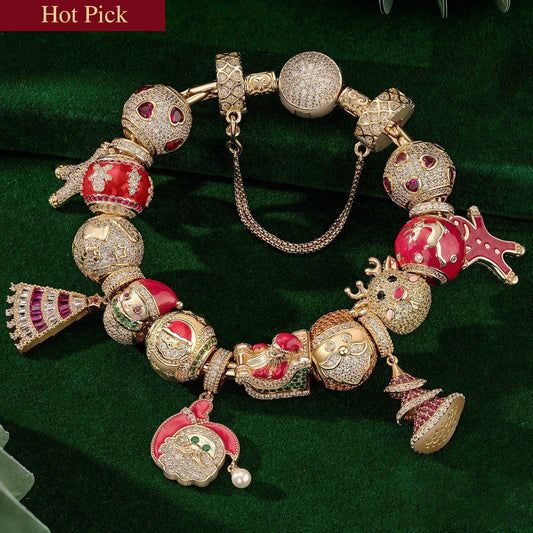 gona- Sterling Silver Santa's Magical World Charms Bracelet Set With Enamel In 14K Gold Plated (Includes bracelet and all charms shown)