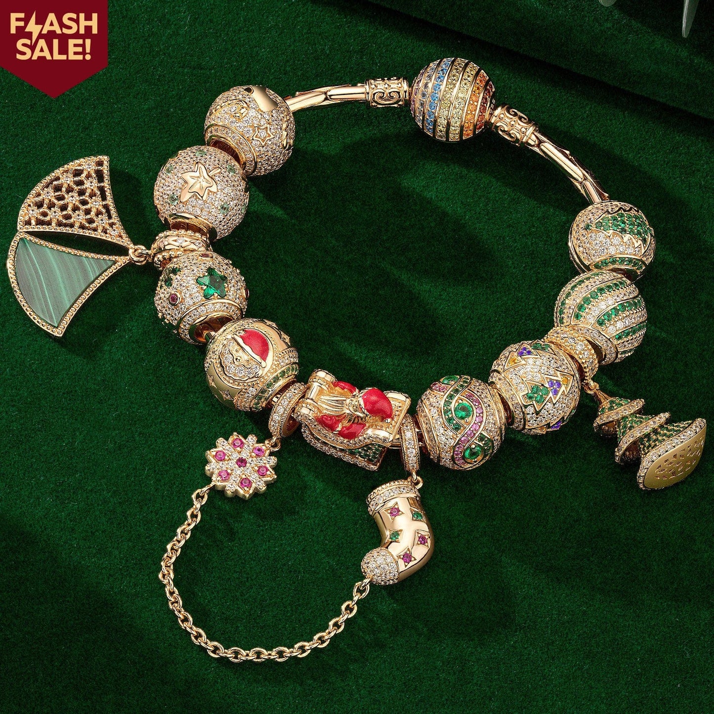 Sterling Silver Yuletide Tree Traverse Charms Bracelet Set With Enamel In 14K Gold Plated (Includes bracelet and all charms shown)