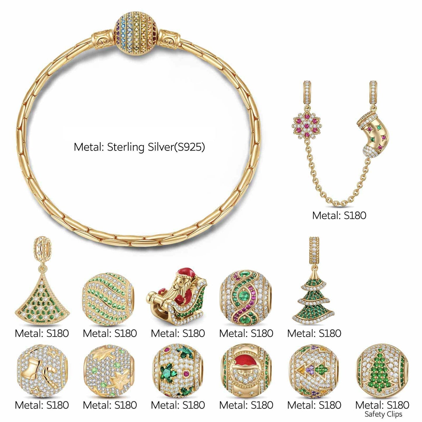 Sterling Silver Yuletide Tree Traverse Charms Bracelet Set With Enamel In 14K Gold Plated (Includes bracelet and all charms shown)