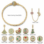 Sterling Silver Yuletide Tree Traverse Charms Bracelet Set With Enamel In 14K Gold Plated (Includes bracelet and all charms shown)