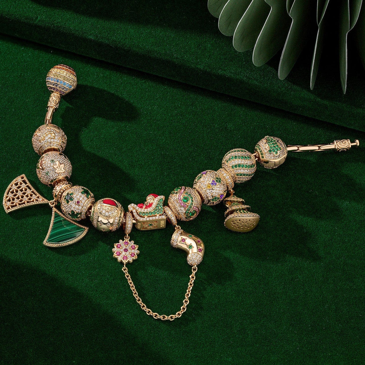 Sterling Silver Yuletide Tree Traverse Charms Bracelet Set With Enamel In 14K Gold Plated (Includes bracelet and all charms shown)