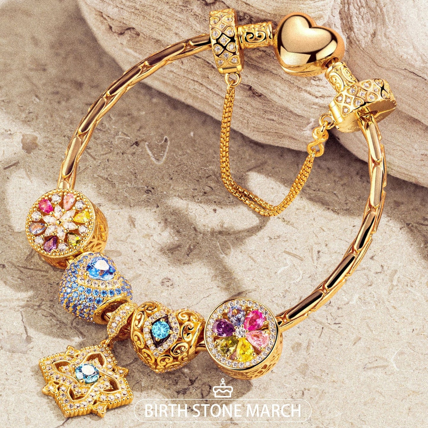 Sterling Silver Amour and Blossom Birthstone Charms Bracelet Set With Enamel In 14K Gold Plated (Includes bracelet and all charms shown)