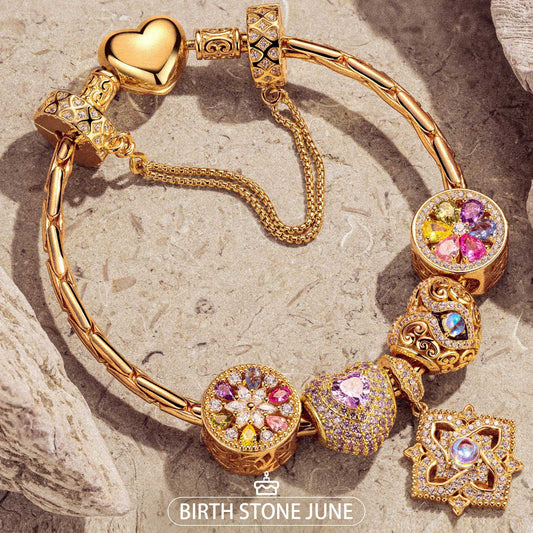 gona- Sterling Silver Amour and Blossom Birthstone Charms Bracelet Set With Enamel In 14K Gold Plated (Includes bracelet and all charms shown)