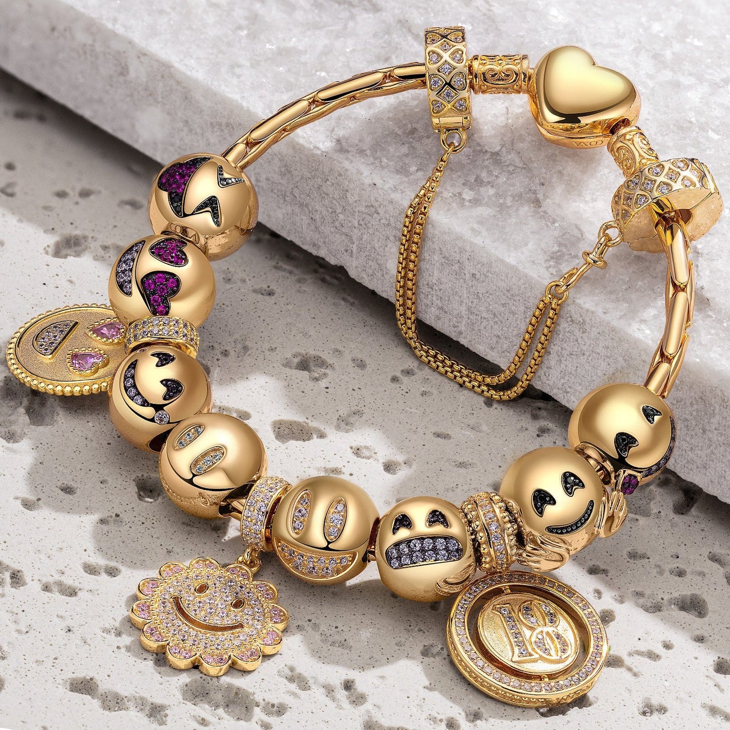 Sterling Silver Bright Smiles Charms Bracelet Set In 14K Gold Plated (Includes bracelet and all charms shown)