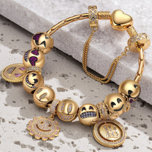 gona- Sterling Silver Bright Smiles Charms Bracelet Set In 14K Gold Plated (Includes bracelet and all charms shown)
