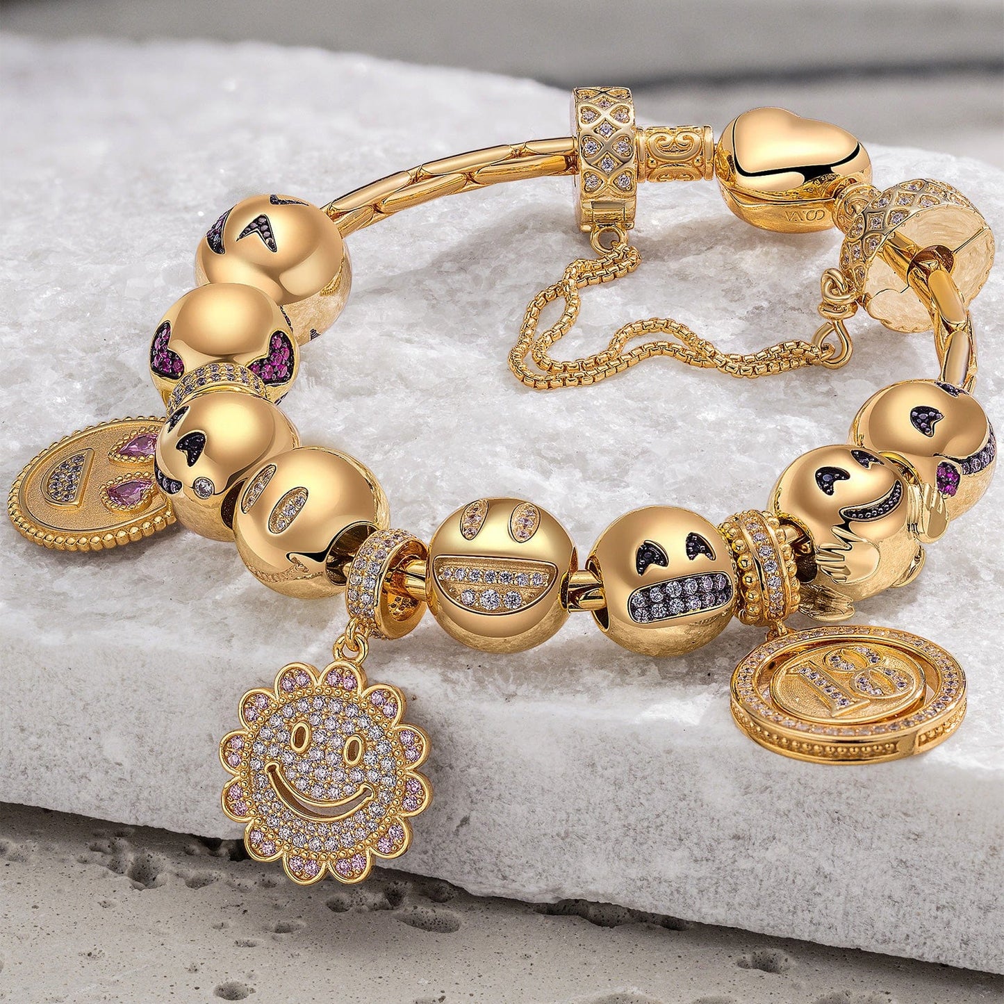 Sterling Silver Bright Smiles Charms Bracelet Set In 14K Gold Plated (Includes bracelet and all charms shown)