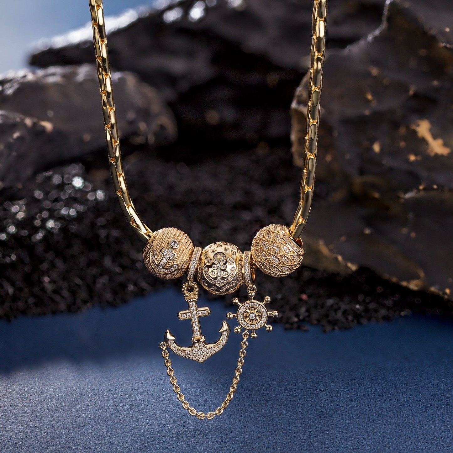 Sterling Silver Navigator Journey Charms Necklace Set In 14K Gold Plated