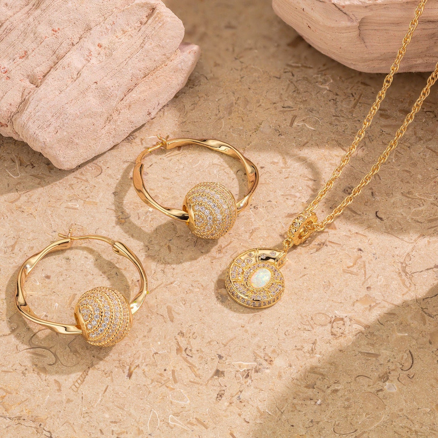 Sterling Silver Exquisite Moonstone Charms Necklace Set In 14K Gold Plated